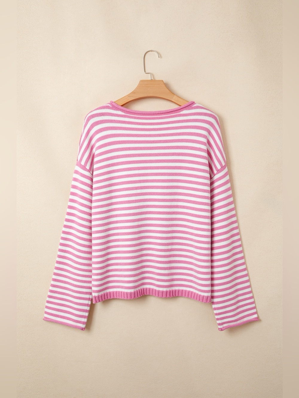 Striped Button Placket Drop Shoulder Long Sleeve Sweater - Picture 7 of 16
